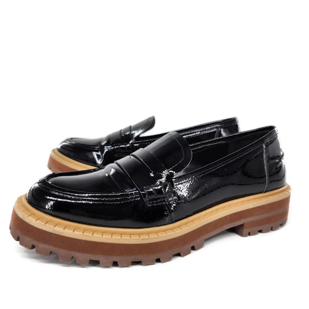 Vince Camuto McKella Black Patent Leather Chunky Lug-Sole Penny Loafers - Picture 1 of 10